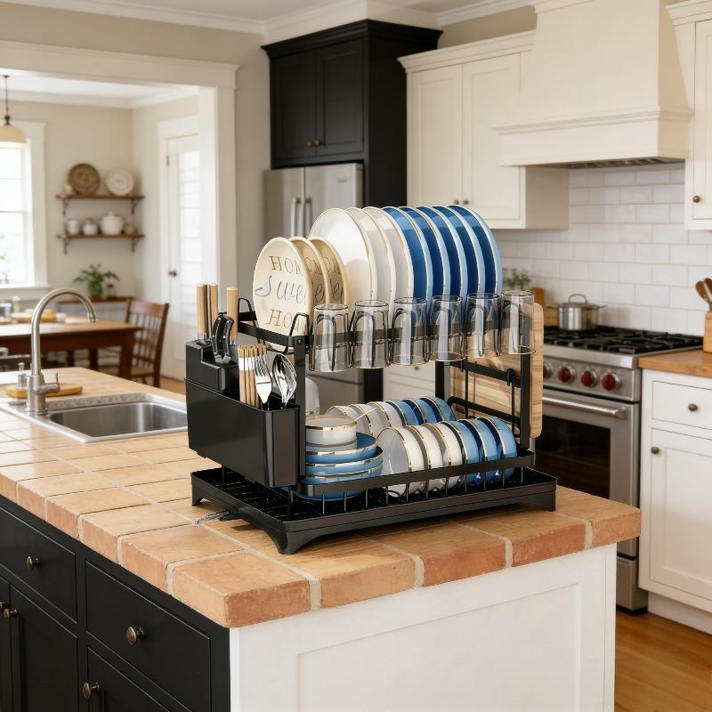 Two-layer drain rack, with adjustable dish rack, cutlery cup storage space, compact space-saving design, kitchen countertop finishing artifact, rugged storage solution