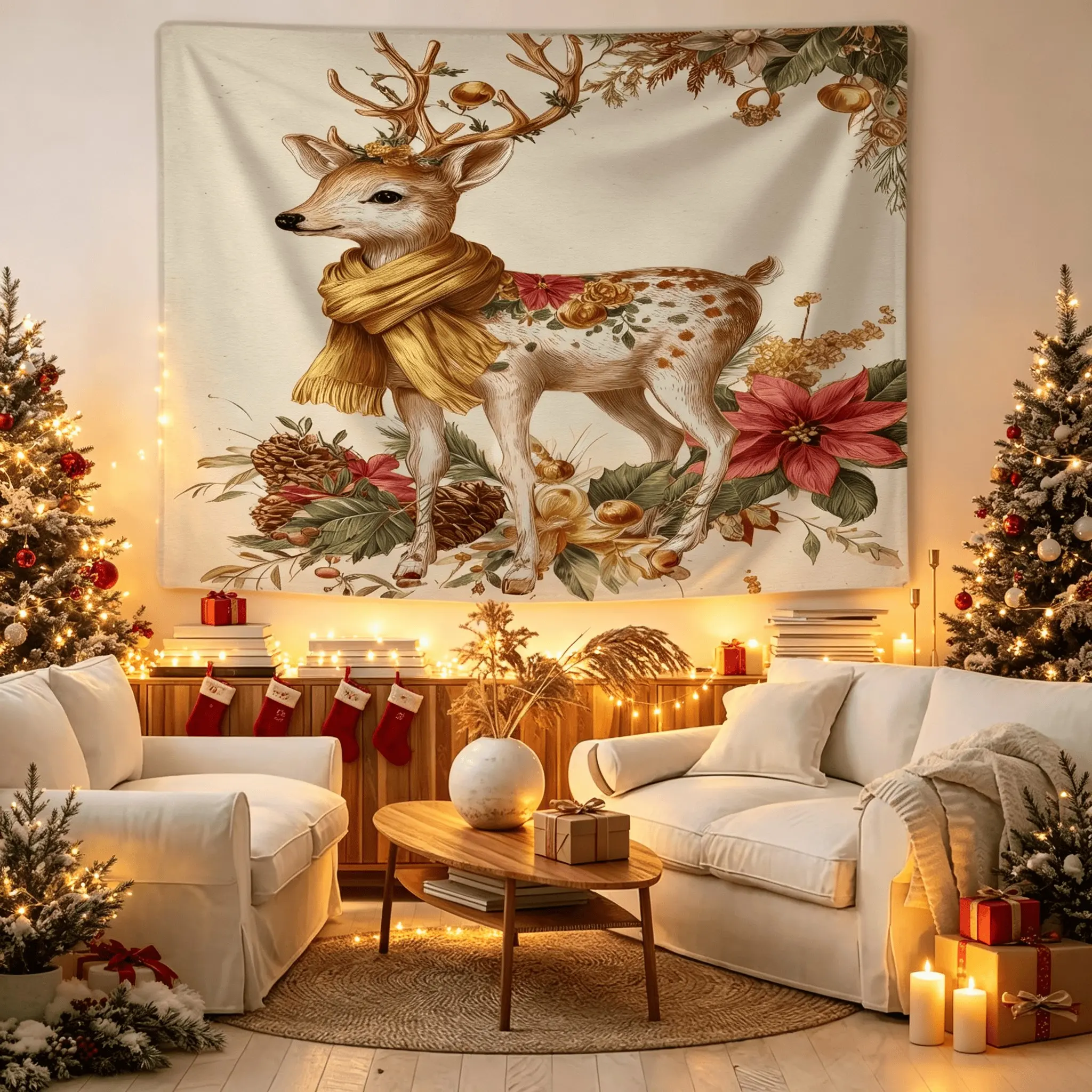 Christmas Themed Single-Side Printed Tapestry with Reindeer Elements, Stylish Room Wall Banner, Unique Wall Art for Living Room & Bedroom, Ideal Holiday & Christmas Gift