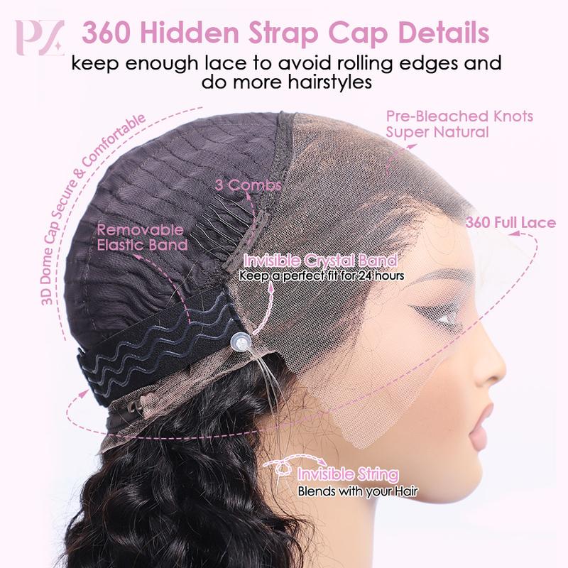 Pizazz Hair Hidden Strap 360 Lace Front Wigs Human Hair Pre Plucked Pre Bleached Knots 220 Density Water Wave HD Lace Frontal Wig with Drawstring Curly Full Lace Front Wigs for Women