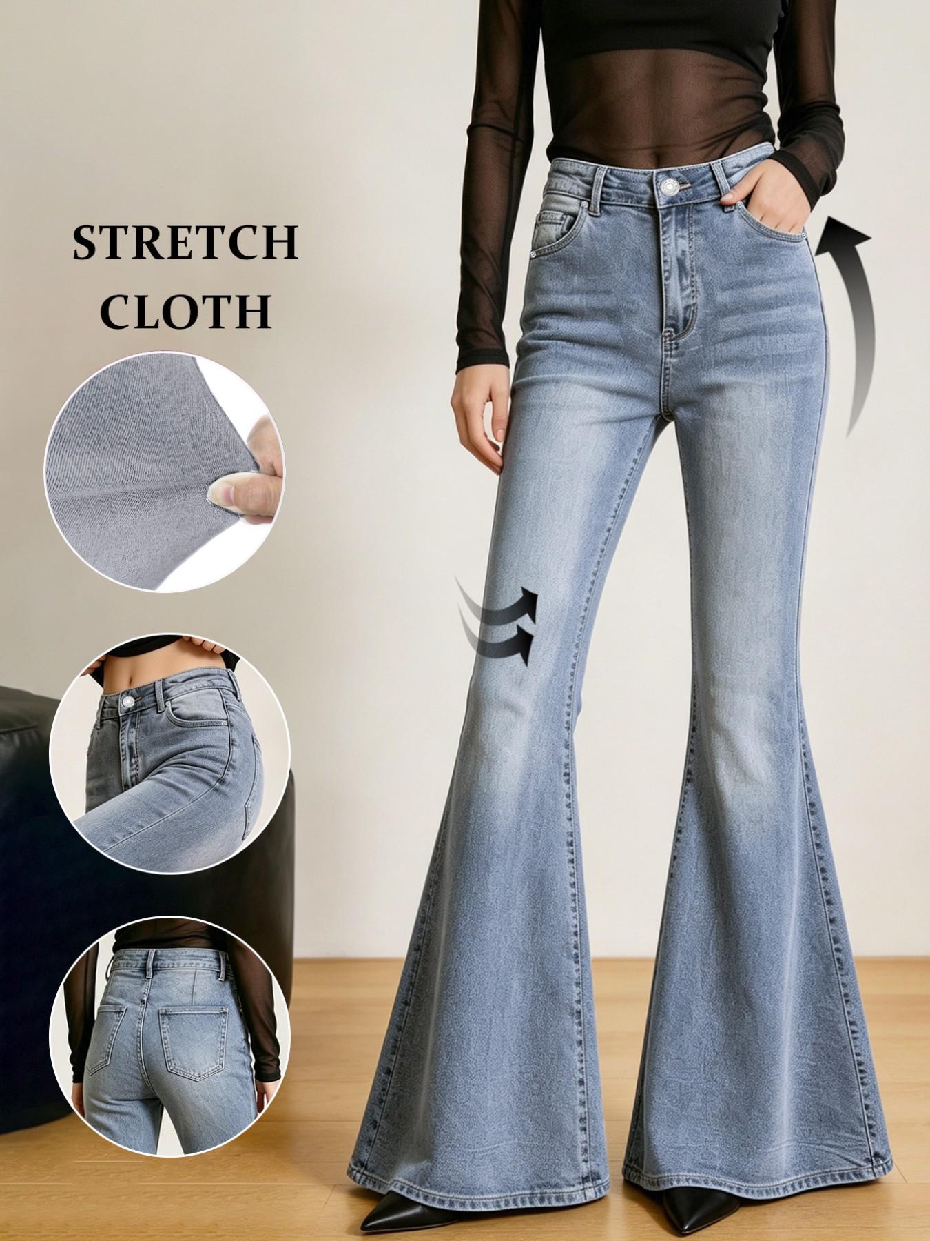 Women Vintage Washed High Waist Super Flare Jeans, Flared Bell Bottoms, Slim Stretch Bell Bottom Denim High Rise Jeans, Y2K Streetwear, Casual All Seasons Style