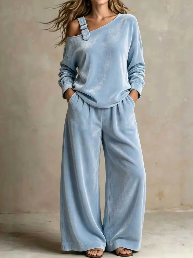 Women's velvet one-shoulder top and pants two-piece set - image 3