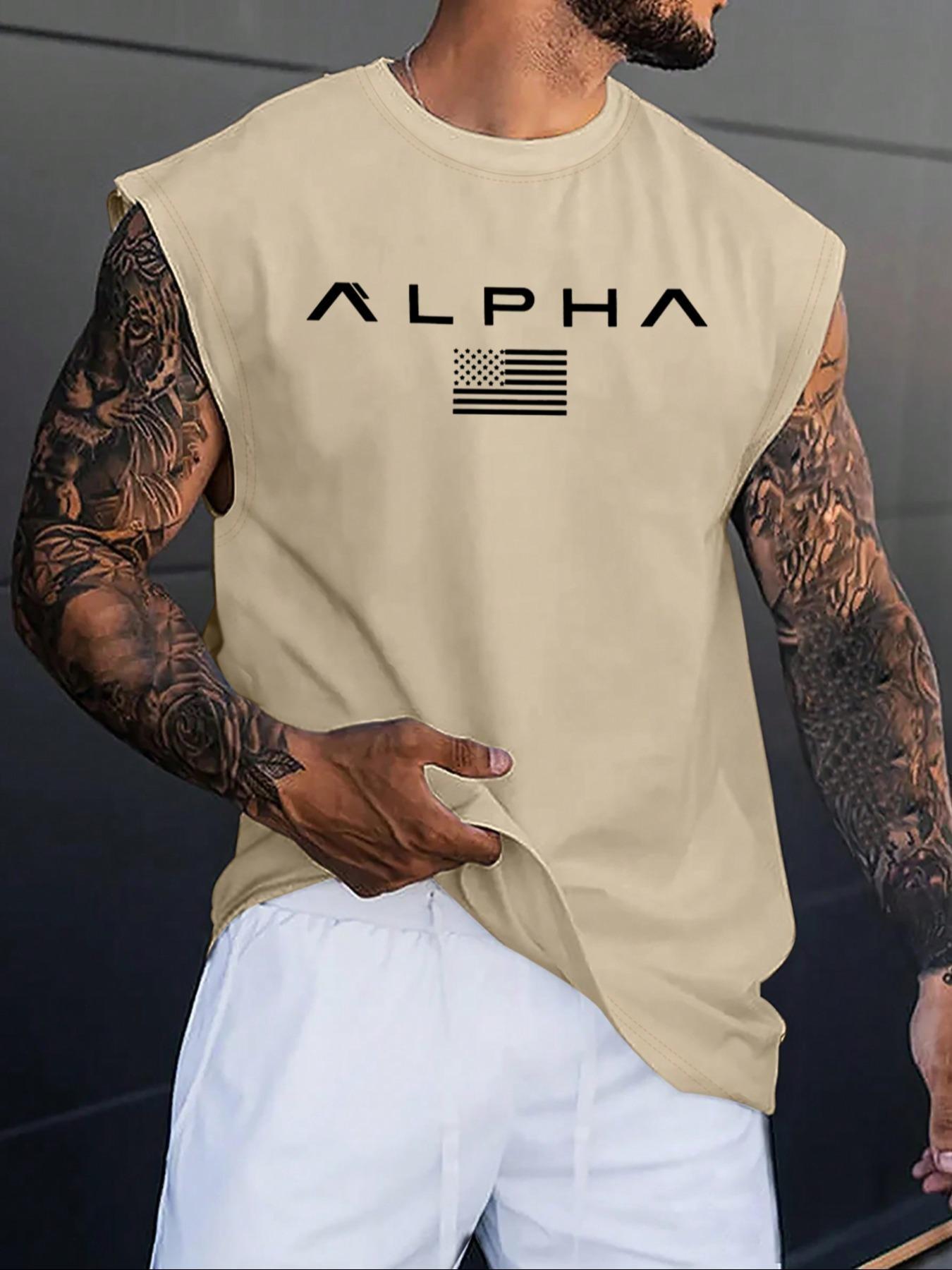 5pcs Men's Plus Size ALPHA USA Flag Graphic Sleeveless Tank Top, Casual Loose Fit Crew Neck Vest, Trendy Streetwear Tops for Summer, Daily Commute & Lounge