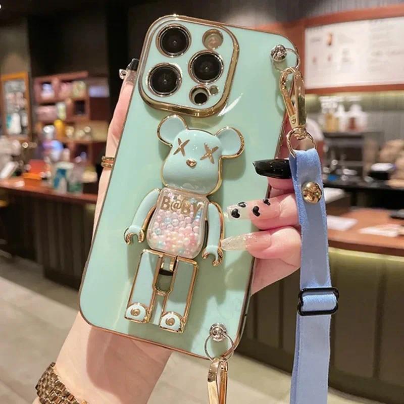 Plating Cover Quicksand Bear Stand Phone Case with Lanyard Strap, Ring & Dustproof Design for iPhone 15 14 13 12 11 Pro Max 7 8 Plus, Scratch Resistant
