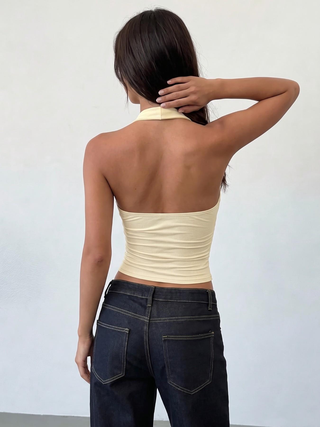 Women's Halter Mock Neck Ruched Sleeveless Open Back Ribbed Knit Crop Tank Top, Backless Tank Tops, Y2K Streetwear Viral TikTok Fashion Essential For Night Out Party, Daily Casual Matching Denim Shorts, Slim Fit Textured Knit Going Out Top