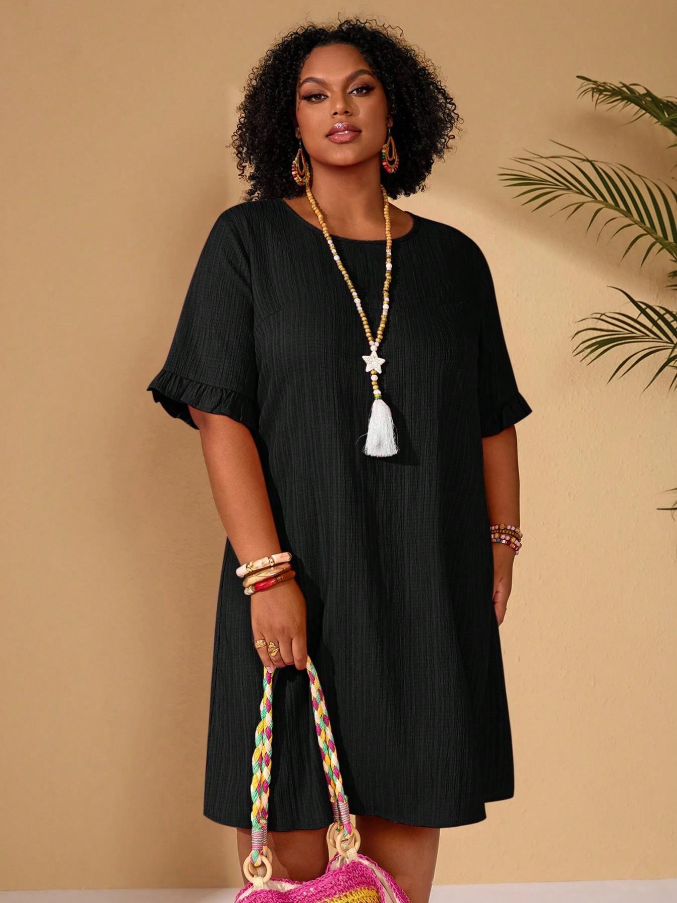 Plus Size Women's Round Neck Solid Everyday Dress, Textured Vertical Stripe Ruffled Sleeve Loose Feminine Casual Boho Elegant Skirt, Ideal for Daily Home and Outing Wear