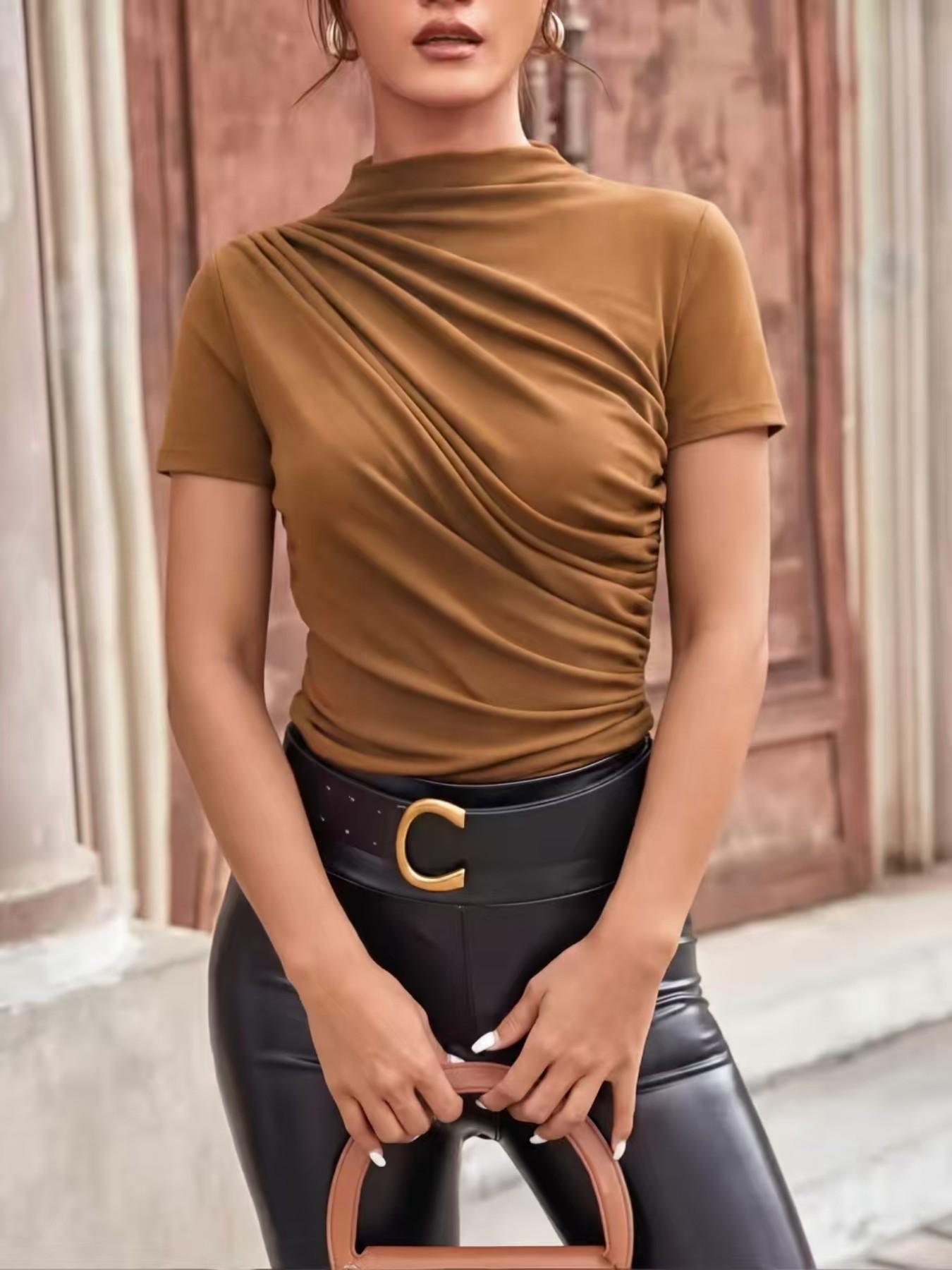 Women's Slim Fit Ruched Asymmetrical Top, High Neck Short Sleeve Knit T-Shirt, Casual Plain Design, Easy Care, X Type Silhouette Women's Slim Fit Ruched Asymmetrical Top, High Neck Short Sleeve Knit T-Shirt, Casual Plain Design, Easy Care, X Type Silhouette