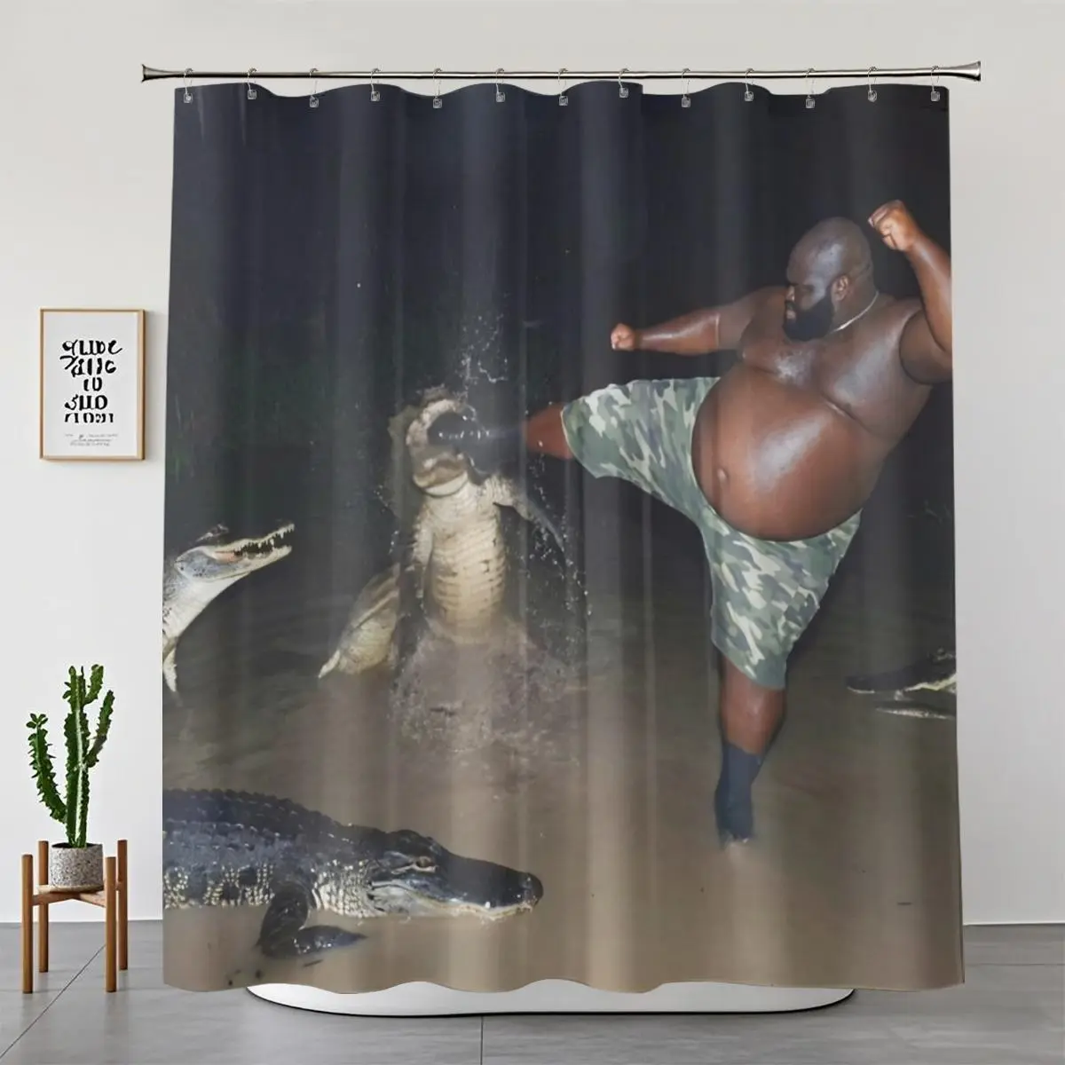 1/4pcs Humorous Gumbo Slice Kicking Alligator Meme Bathroom Curtain Set - Print Meme Art Brain Rot Gen Z Gag Gift, Anti-Slip Rug, Toilet Cover, Waterproof Apartment Animal Theme Home Bathroom Decor, Shower Curtains, Apartment Decor