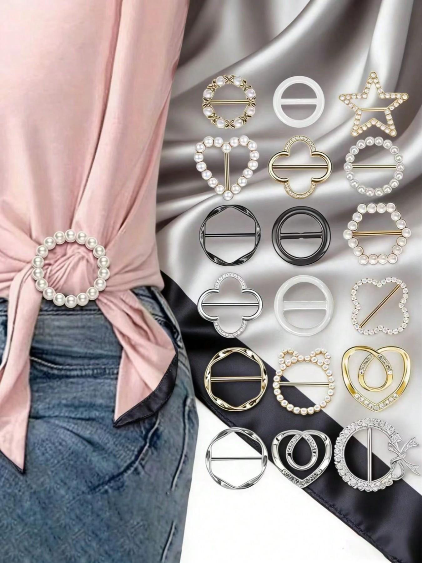 18pcs Artificial Pearl Button Clips, Hollow Heart Brooches, DIY Fashion Accessories, Coat & Sweater Pins, 18 Pieces Set