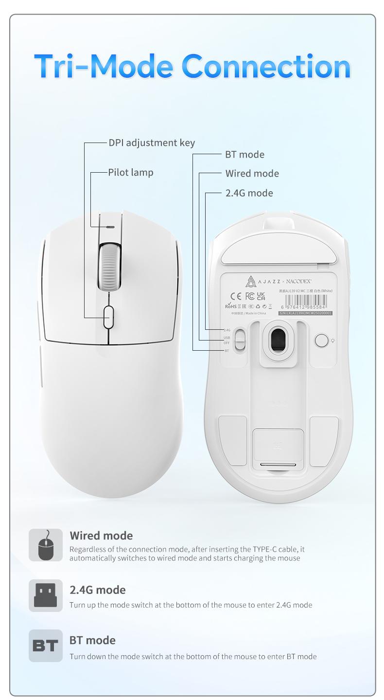 [New Year Sale]AJAZZ AJ139 V2 MC Tri-Mode Connected Mouse, PAW3311 Sensor, 1000hz Return Rate, 500mAh Battery Lasting Life