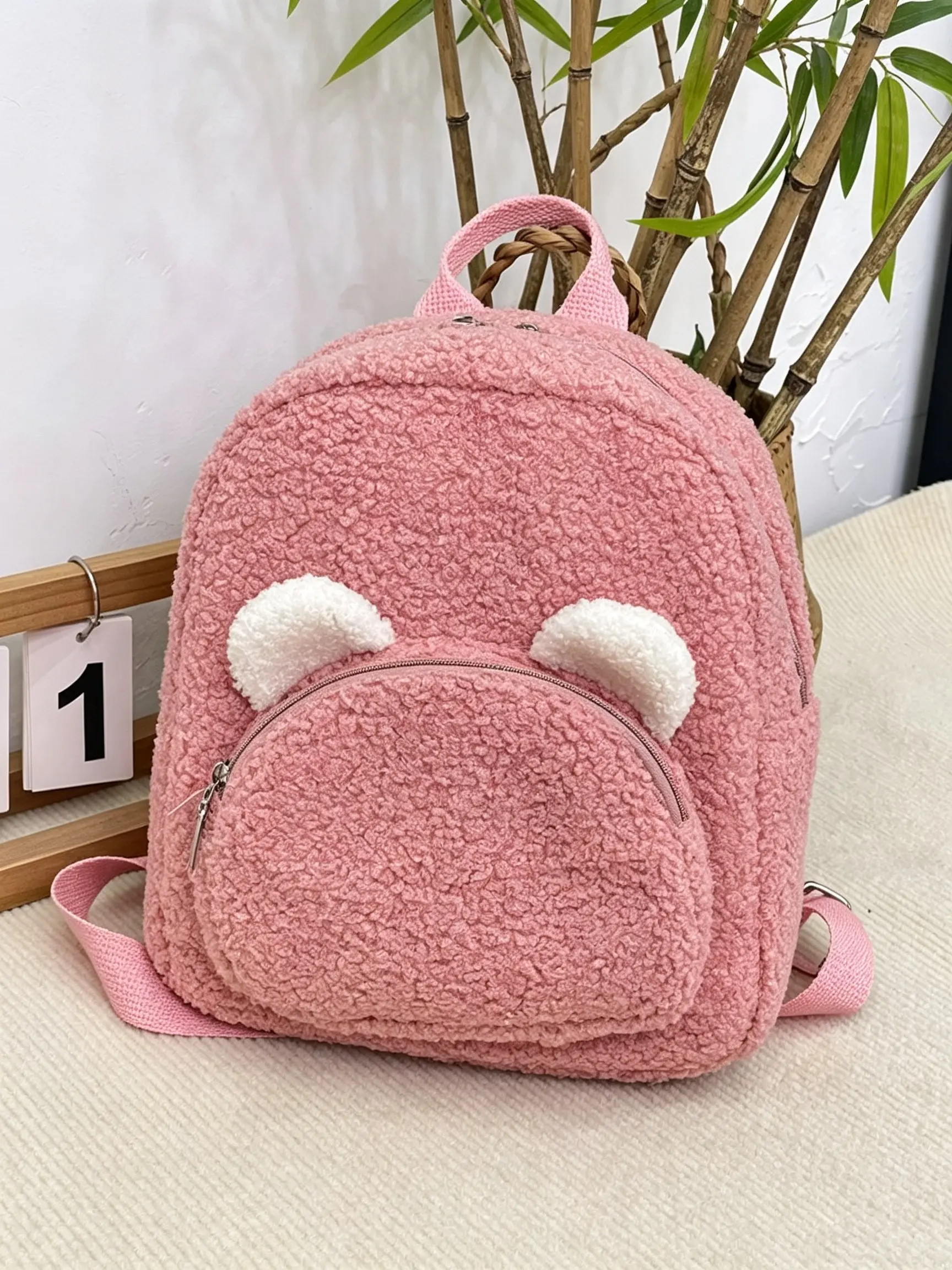 Adorable Cartoon Mini Backpack, Plush Teddy Fabric, Colorblock Bear Ears Design, Front Zip Pocket, Lightweight for Girls & Kids, Kawaii Backpack