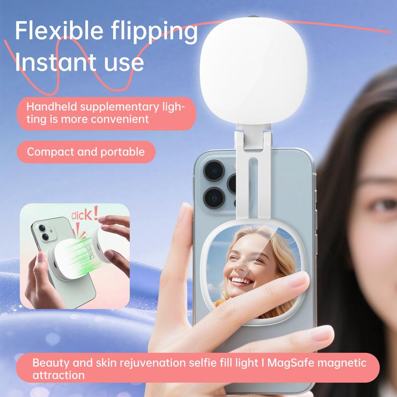 Magnetic Selfie Light for Phone with Mirror, Retractable Foldable Pocket Size Portable Mini Ring Light for Phone, Dimmable Fill LED Phone Light, Selfie Led Lights for Video Recording/Live Streaming/Makeup/Vlog