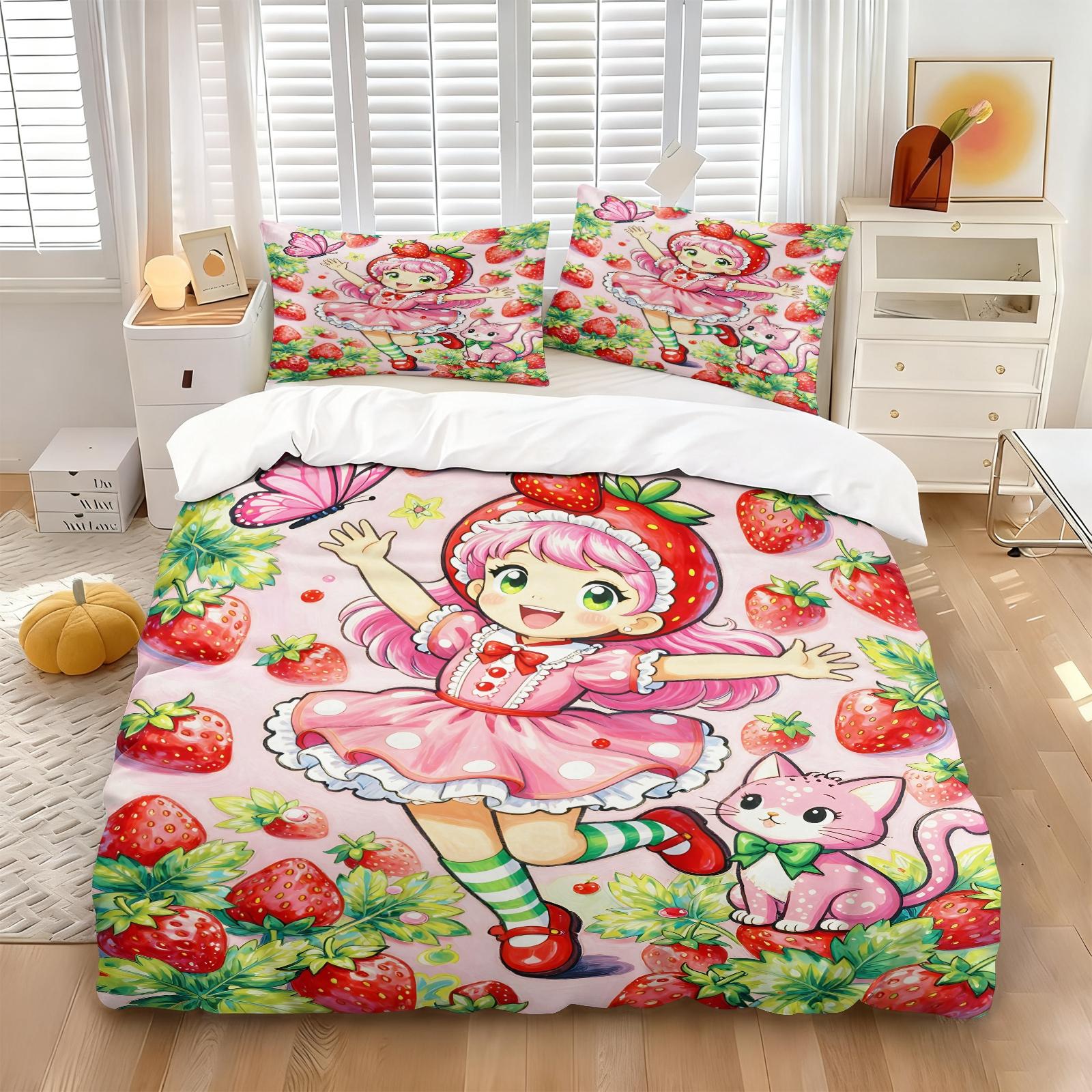 Vintage Strawberry Girl Cartoon 3-Piece Duvet Cover Set, Ultra-Soft Microfiber Bedding with 2 Pillowcases, Cute Kawaii Style Bedding for Kids Girls Bedroom Dorm Decor