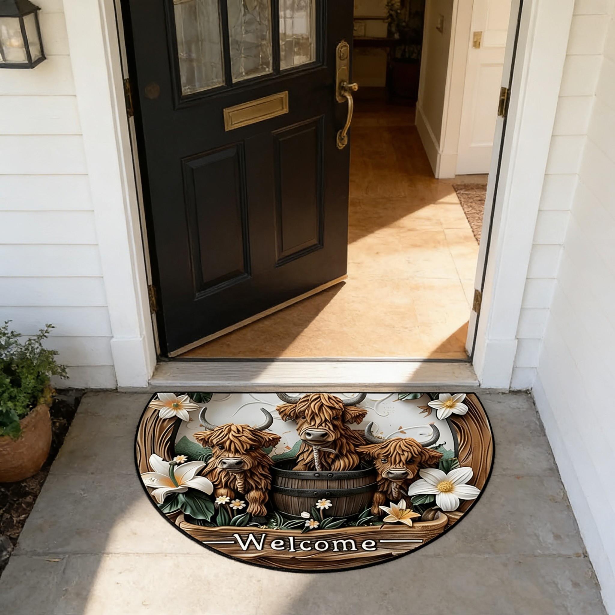 Half Round Welcome Door Mat, Vintage American Style Highland Cow Rug, Indoor Entrance Hall Carpet, Durable Fabric, Suitable for Living Room Bedroom