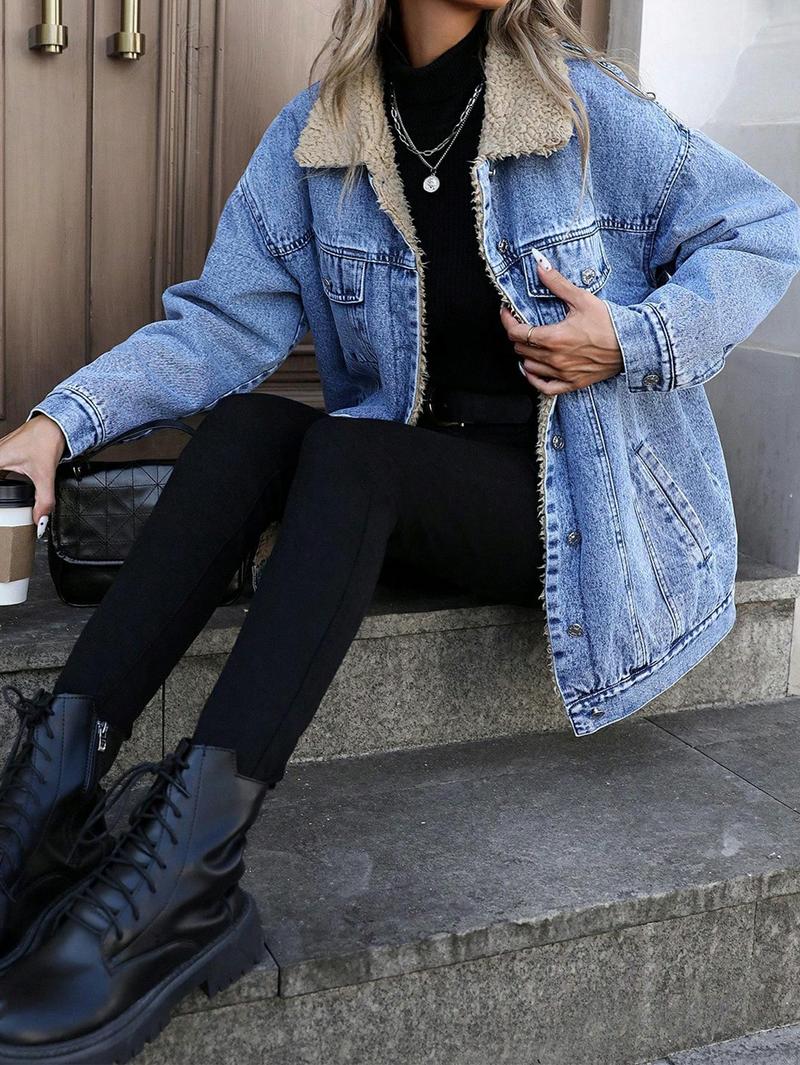 Women's Fall Winter Casual Jacket, Elegant Solid Color Stand Collar Thick Warm Denim Coat, Versatile Outerwear for Women