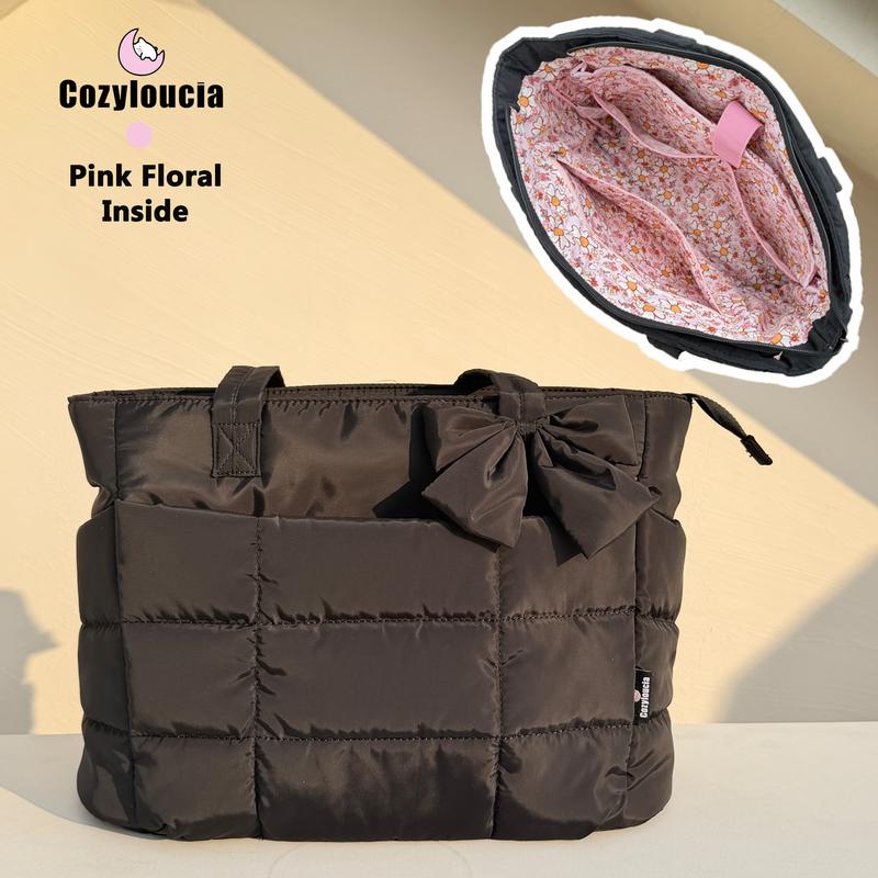 CozyLoucia Cute Puffer Tote Bag for Women Pink Flower Print Interior Laptop Shoulder Handbag, Lightweight Best Tote Bag for Work with Multiple Compartments for Travel , Work  and School ,Christmas Gift Ideas