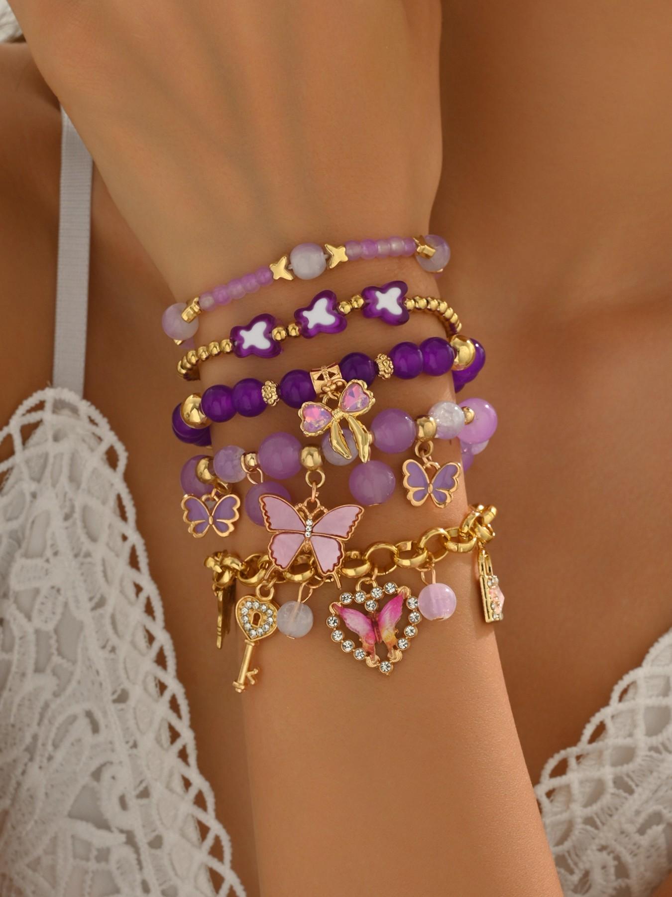 5Pcs Purple Butterfly Beaded Charm Bracelet Stack Set, Multi-Piece Stretchable Layered Bracelets with Gold Tone, Y2K Boho Style, Perfect for Daily Wear, Festival, Beach, Casual & Formal Occasions