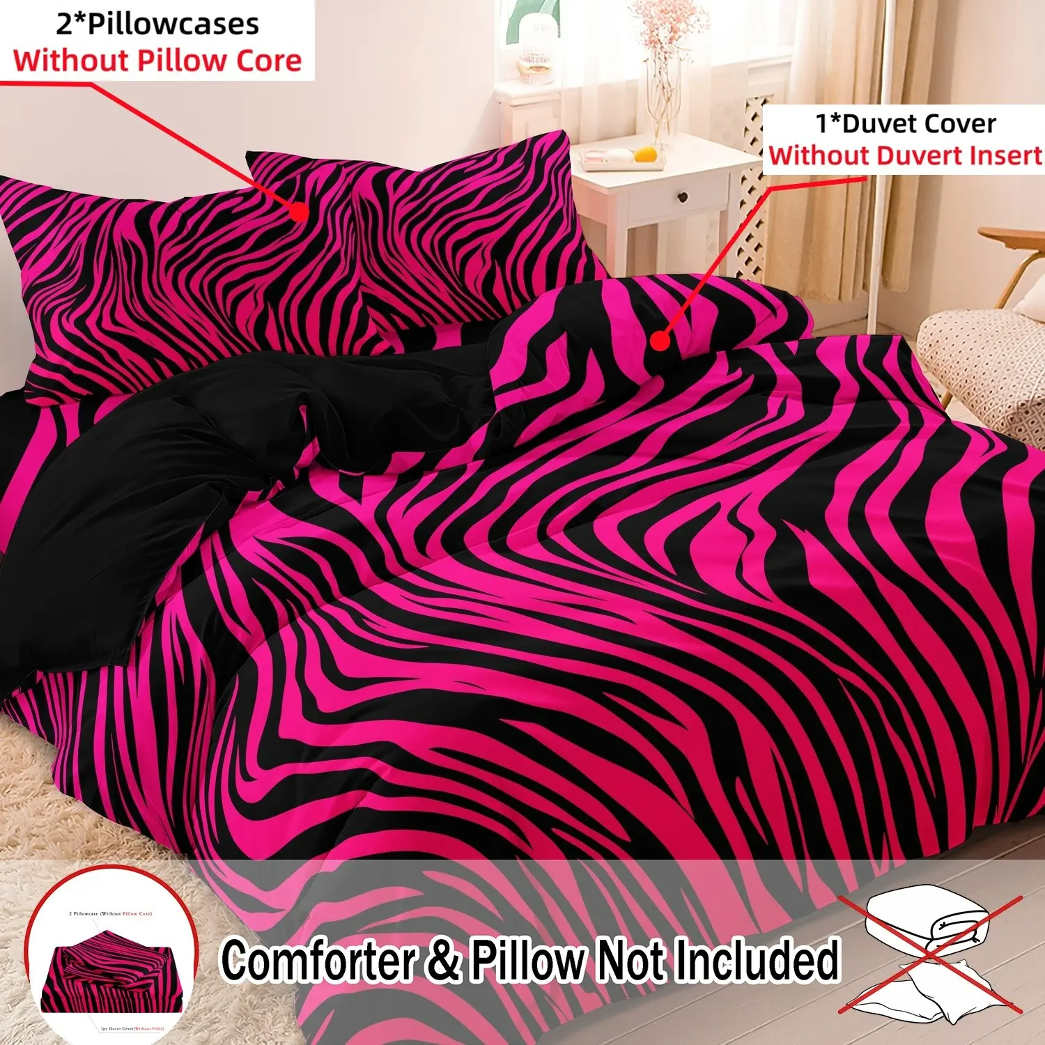 3pcs Bedding Set,Rose Red Zebra Print Leopard Print Digital Print Duvet Cover Set,Includes 1 Duvet Cover And 2 Pillowcases,Digital Print,Using A Family Hotel Dormitory,Decorative Bedding Set,Printed Bedding Set