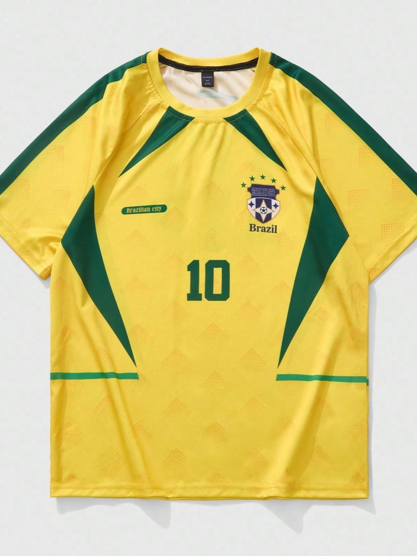 Men's Brazil #10 Retro Soccer Jersey, Sports Top, Lightweight Breathable Polyester, Yellow & Green National Team Color Block, Diamond Texture Mesh Fabric, Brazil Crest & "Brazilian city" Print, Ideal for Daily Wear, Street Style, Athletic Tops