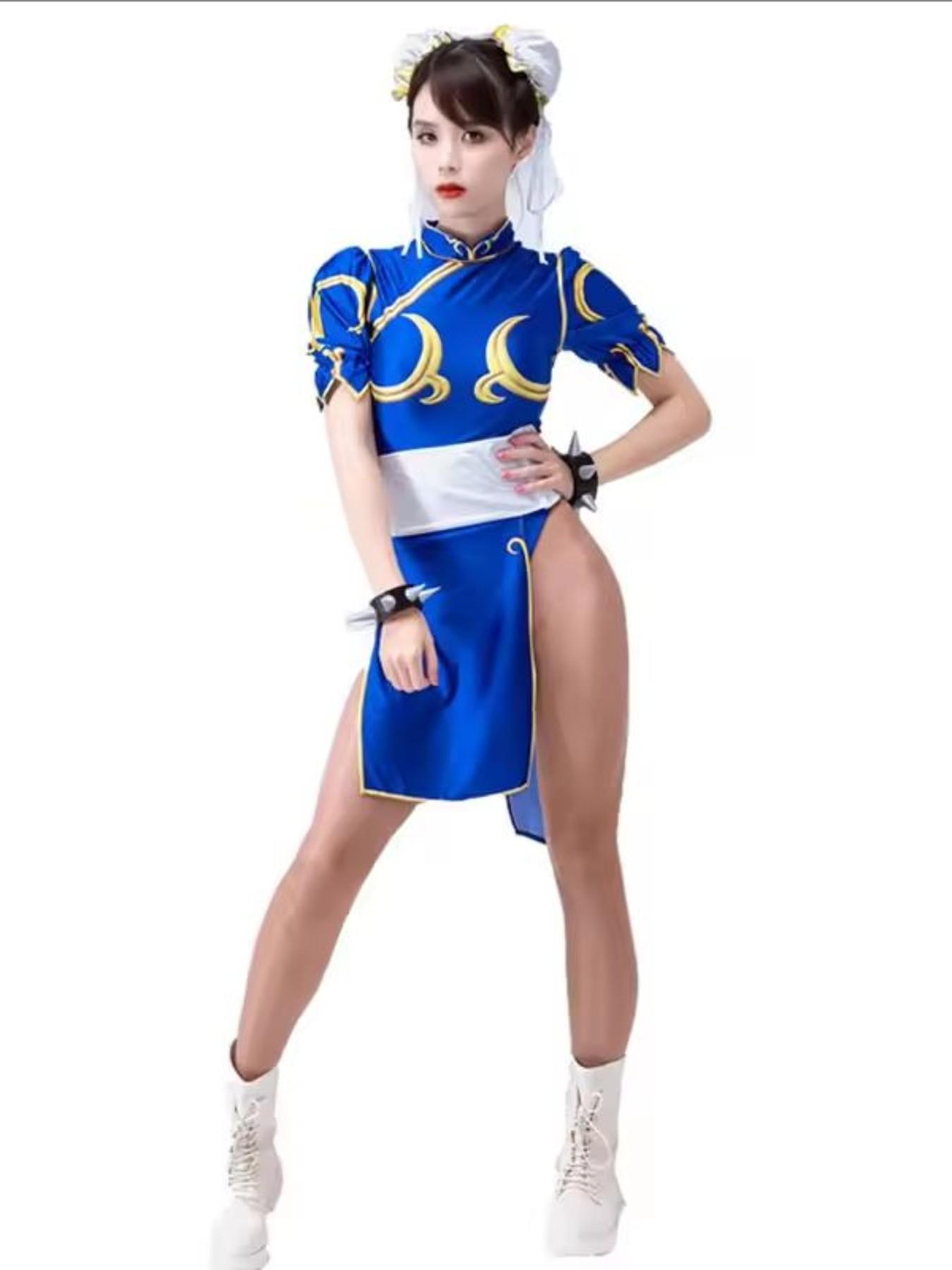 Women's Street Fighter Chun Li Costume, Blue Qipao with Headpiece and Belt, Halloween Dress, Role Play Game