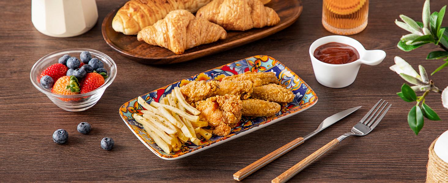 vancasso Simi Serving Platters & Plates Set – 3 Piece Rectangular Trays or 6 Piece Dinner Plates, Bohemian Ceramic Dish Set for Entertaining, Microwave & Dishwasher Safe Porcelain Dinnerware