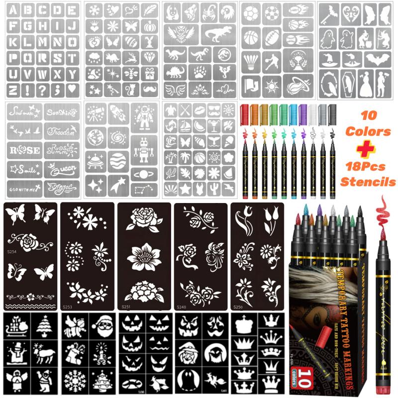 Temporary Tattoo Markers for Skin,With Stencils,Body Markers,10/15/30Colors Tattoo Pens,Flexible Brush Tip, Bright colors, Face Paint Kit Cosmetic Quality,Halloween makeup
