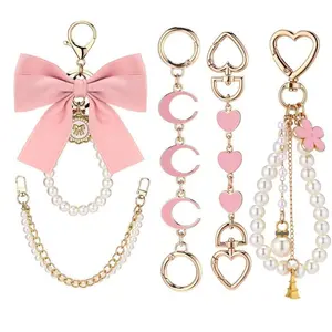 SleekHush 5-Pcs Gold Pearl Clip-On Extender Chain with Bow Detail - Secure Clasp, Bag Decoration, Purse Strap Set, Girly Indoor Leisure Bag Styling Accessory