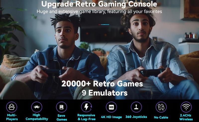 Retro Gaming Console with Dual Controllers, 20,000+ Games, 9 Emulators Built-in, 4K HDMI Output, Plug and Play Video Game Stick, Perfect for TV (64GB) Wireless Usb