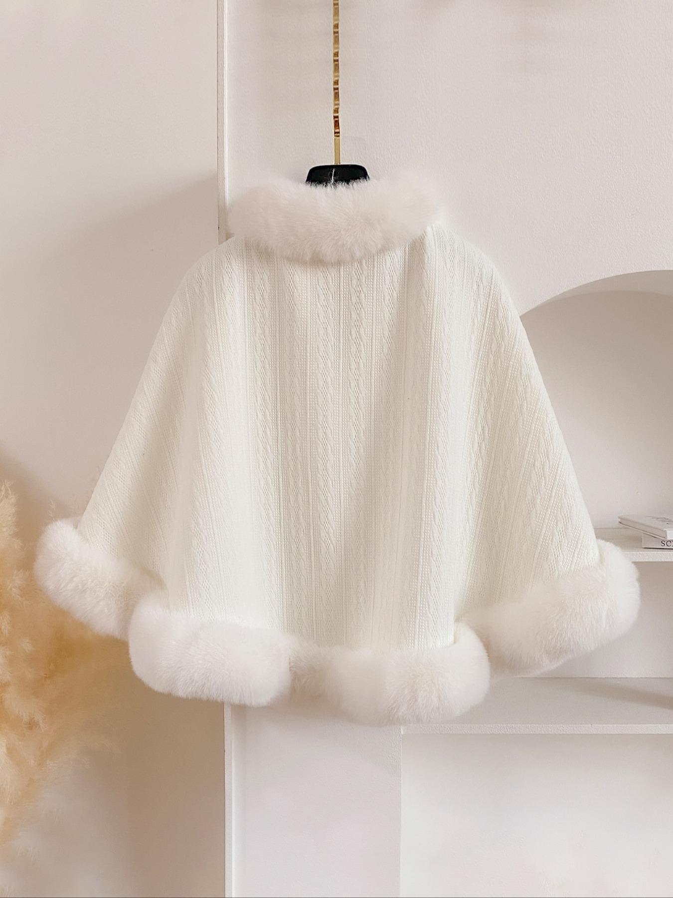 Women's Solid Color Contrast Faux Fur Cape Shawl, Casual Warm Shawl for Fall & Winter, Fashion Accessories for Daily Wear, Soft Warm Shawl