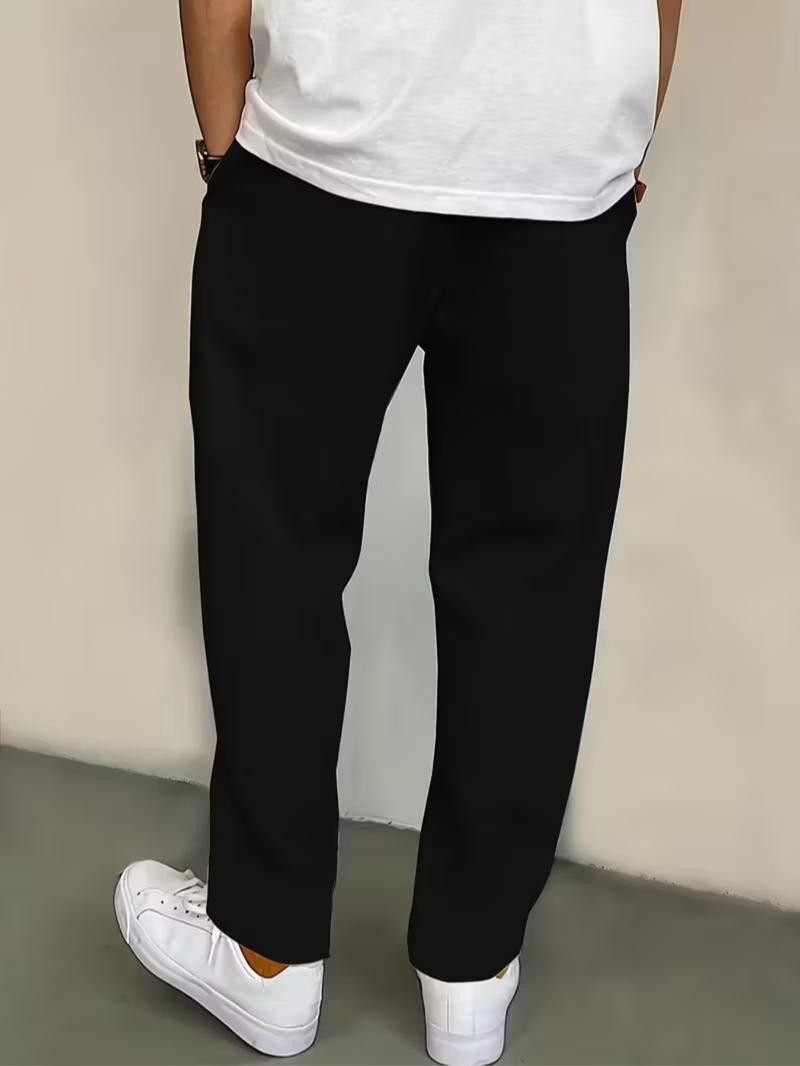 Men's Fall Winter Fleece Lined Casual Pants, Leather Tag Decoration, Lightweight Polyester Fiber, Trendy Versatile for Friend Gatherings, Casual Minimalist Trousers