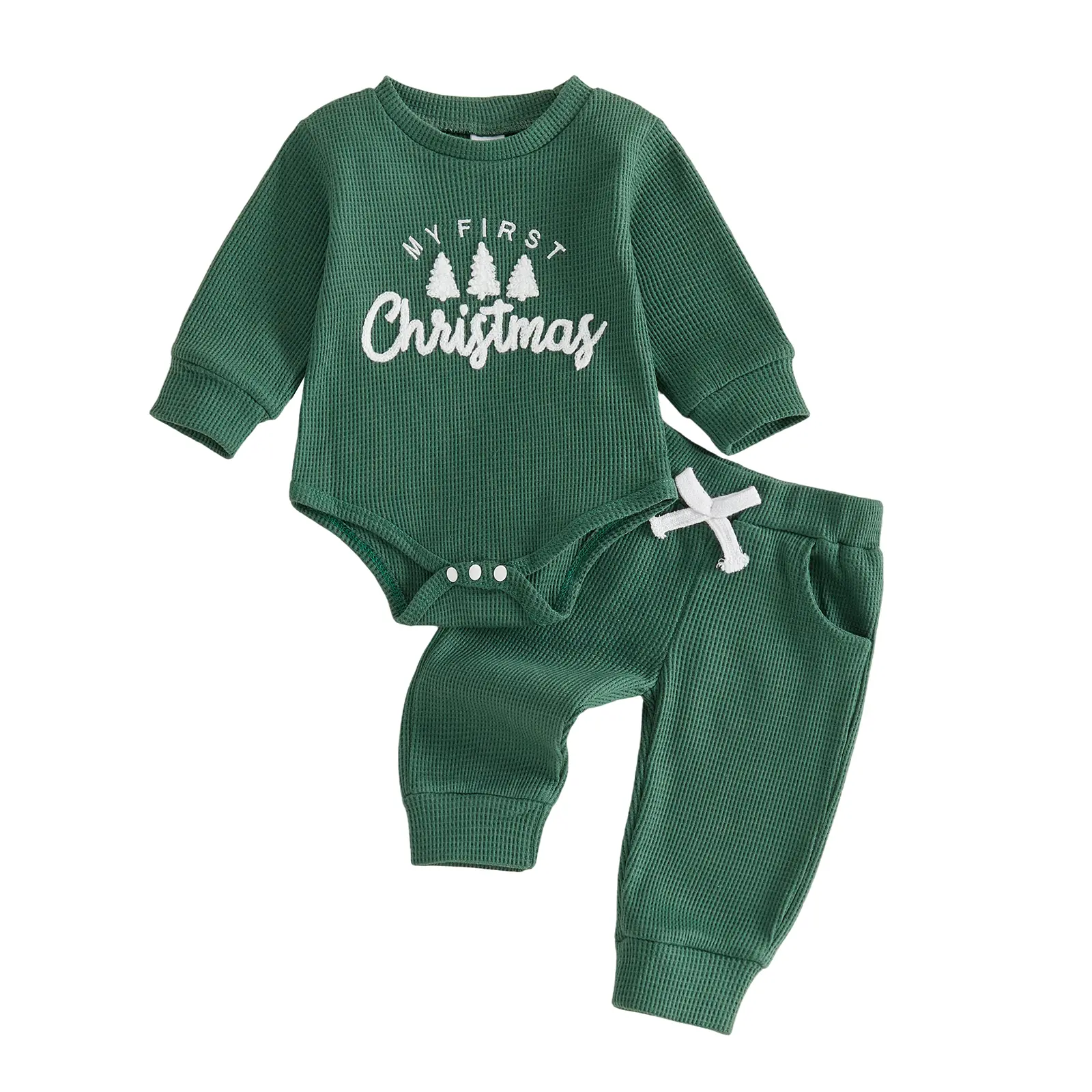 FOCUSNORM Newborn Baby Boy Christmas Outfit Letter Embroidery Long Sleeve Jumpsuit and Drawstring Pants 0-18M