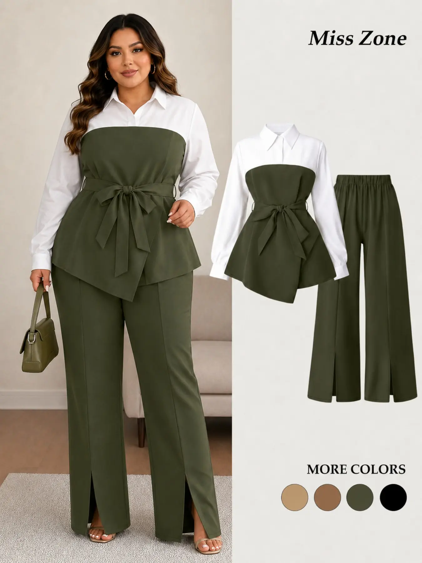 Plus Size Women's Elegant 2 Piece Pants Set, Contrast Patchwork Asymmetrical Hem Faux Two-Piece Top, Wide Leg Slit Trousers, Office Work Outfit for Fall