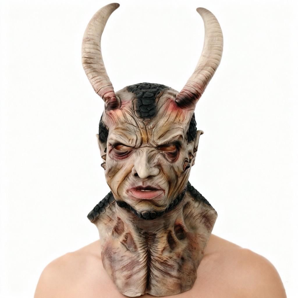 Premium Latex Texture Devil Full Headpiece, Hand-Painted Scales, Halloween Costume Accessory, High-Quality Horror Look