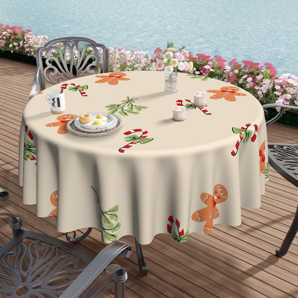 Christmas Gingerbread Man Tablecloth, 2D Flat Print, Polyester, 120g/m², Round, Kitchen Restaurant Decor, Party Gift, Hotel Home Use