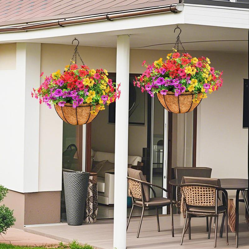 2pcs Artificial Hanging Flowers Baskets with 24 Realistic Daisies & Eucalyptus - UV-Resistant Outdoor/Indoor Decor for Porch, Patio, Balcony, Yard - Includes Hanging Baskets & Greenery