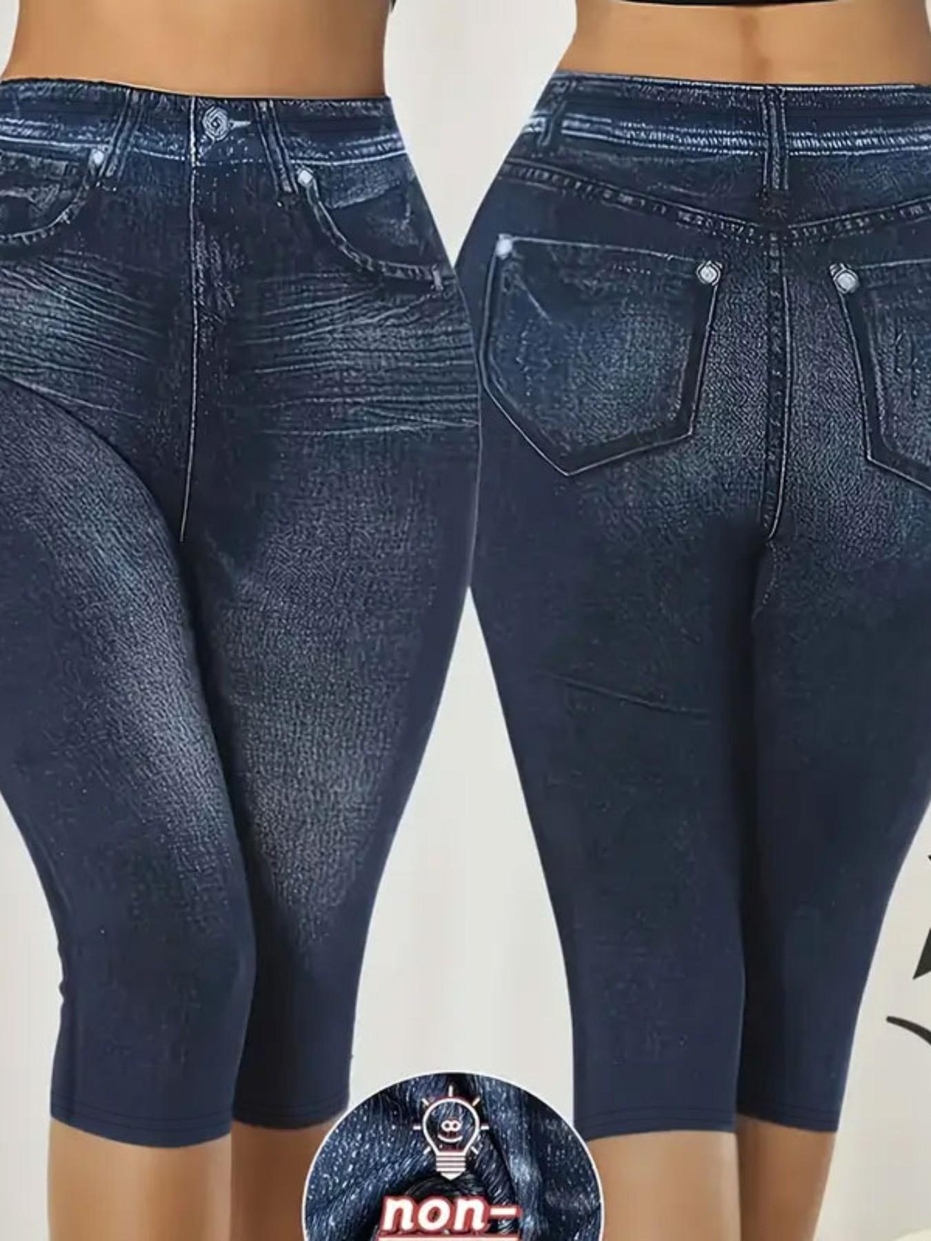 Women's Printed Skinny Pants Non-Denim Fabric, Ladies Seven-Inch Print Jeans-Like Bottoms, All Seasons Fashion