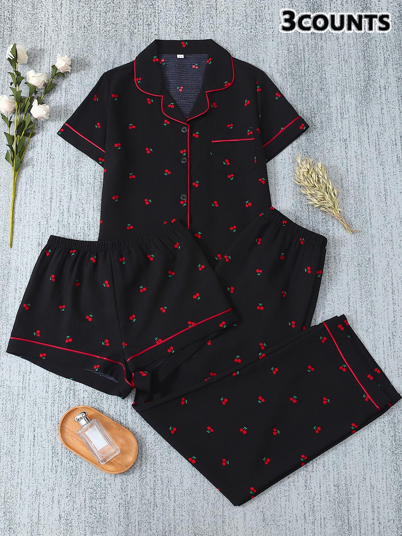 Women's 3-Piece Pajama Set, Cherry Print Button Front Top & Shorts Pants, Comfortable Sleepwear for Ladies, Casual Nightwear