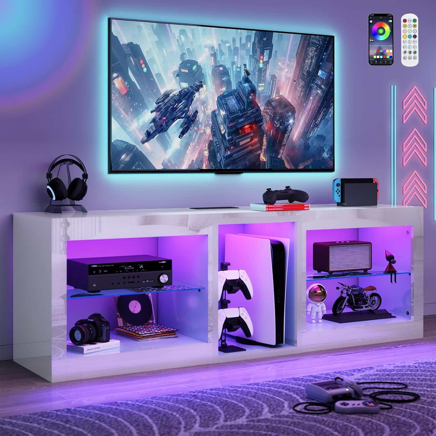 55/63/71/81 inch LED TV Stands W/Power Outlet,Black Entertainment Center W/70000-Colors Lights,High Gloss LED TV Console w/Adjustable Glass Shelves for Living Room Gameroom 55/63/71/81 inch LED TV Stands W/Power Outlet,Black Entertainment Center W/70000-Colors Lights,High Gloss LED TV Console w/Adjustable Glass Shelves for Living Room Gameroom