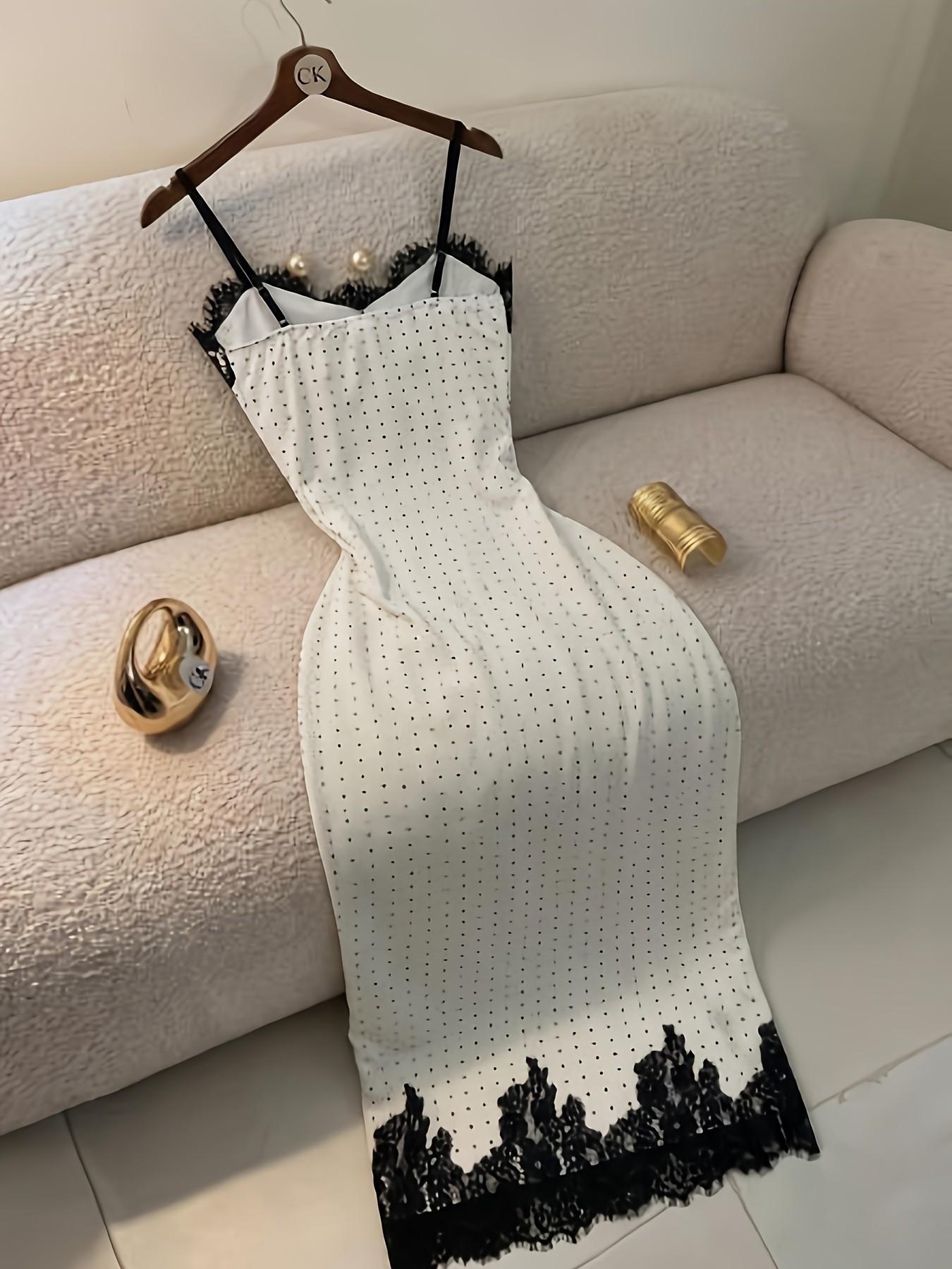 French Vintage Polka Dot Strapless Long Dress, Lace Trim V Neck, High Split Slit Design, Slimming Fit Pure Desire Style Dress, Aesthetic