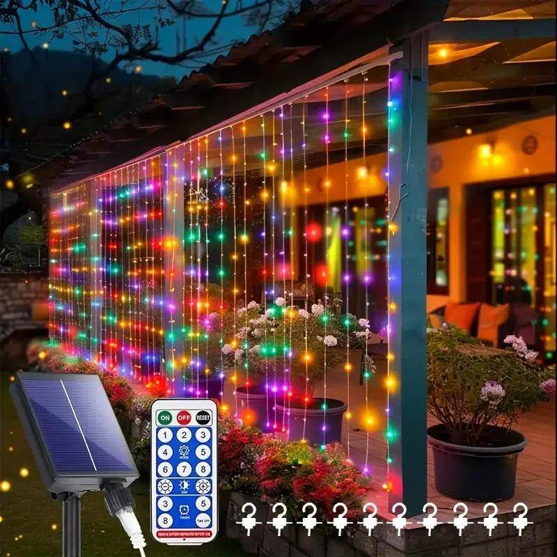 Solar Powered LED Curtain Light with Remote Control, 8 Light Modes Decorative String Light with Timer & Hook, Outdoor LED Decorative Light for Garden, Yard, Party, Wedding