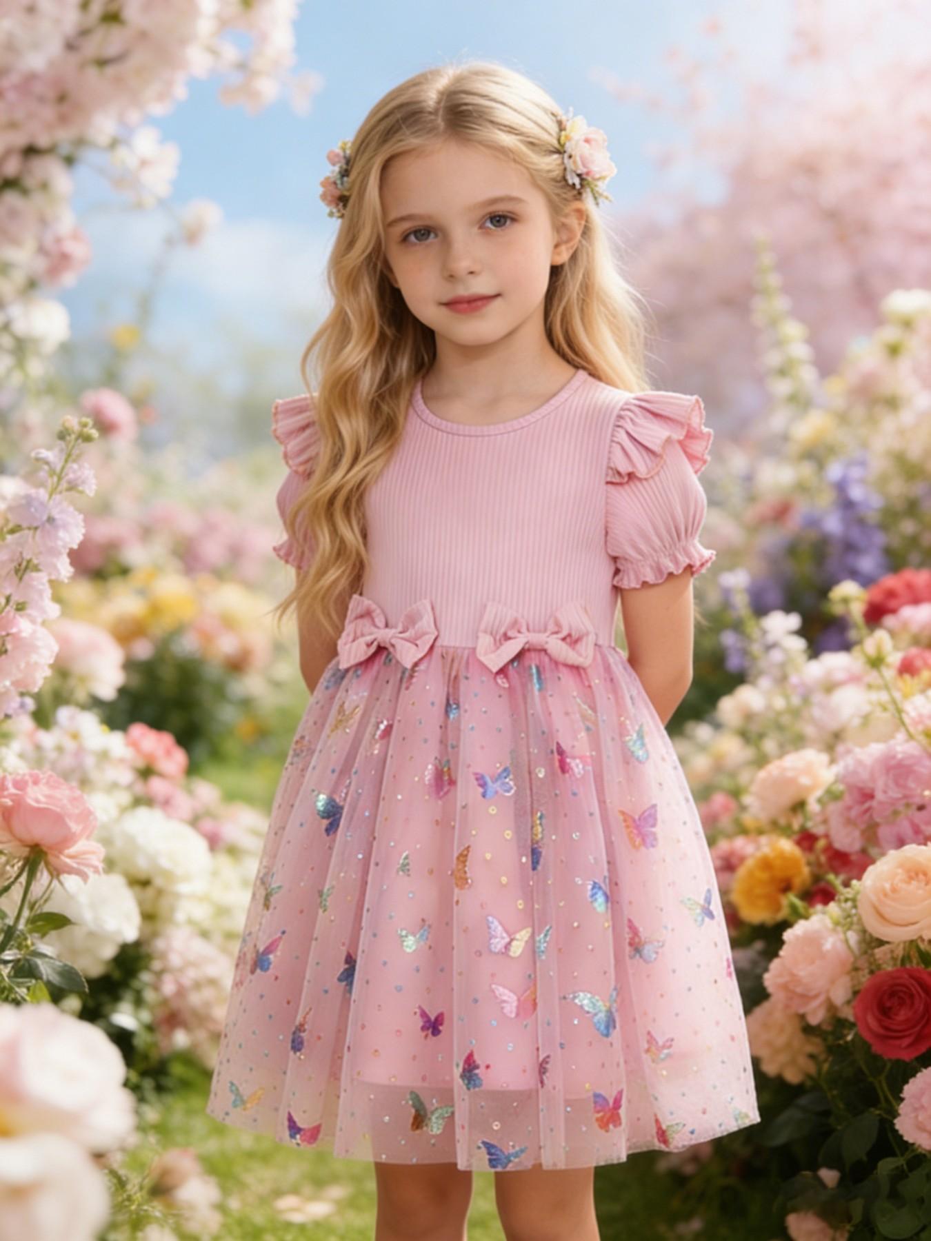 Sweet Style Girls' Dress, Flutter Sleeve Bow Design, Summer Mesh Princess Dress, Cute Floral Pattern, Slim-Fitting, Perfect for Kids