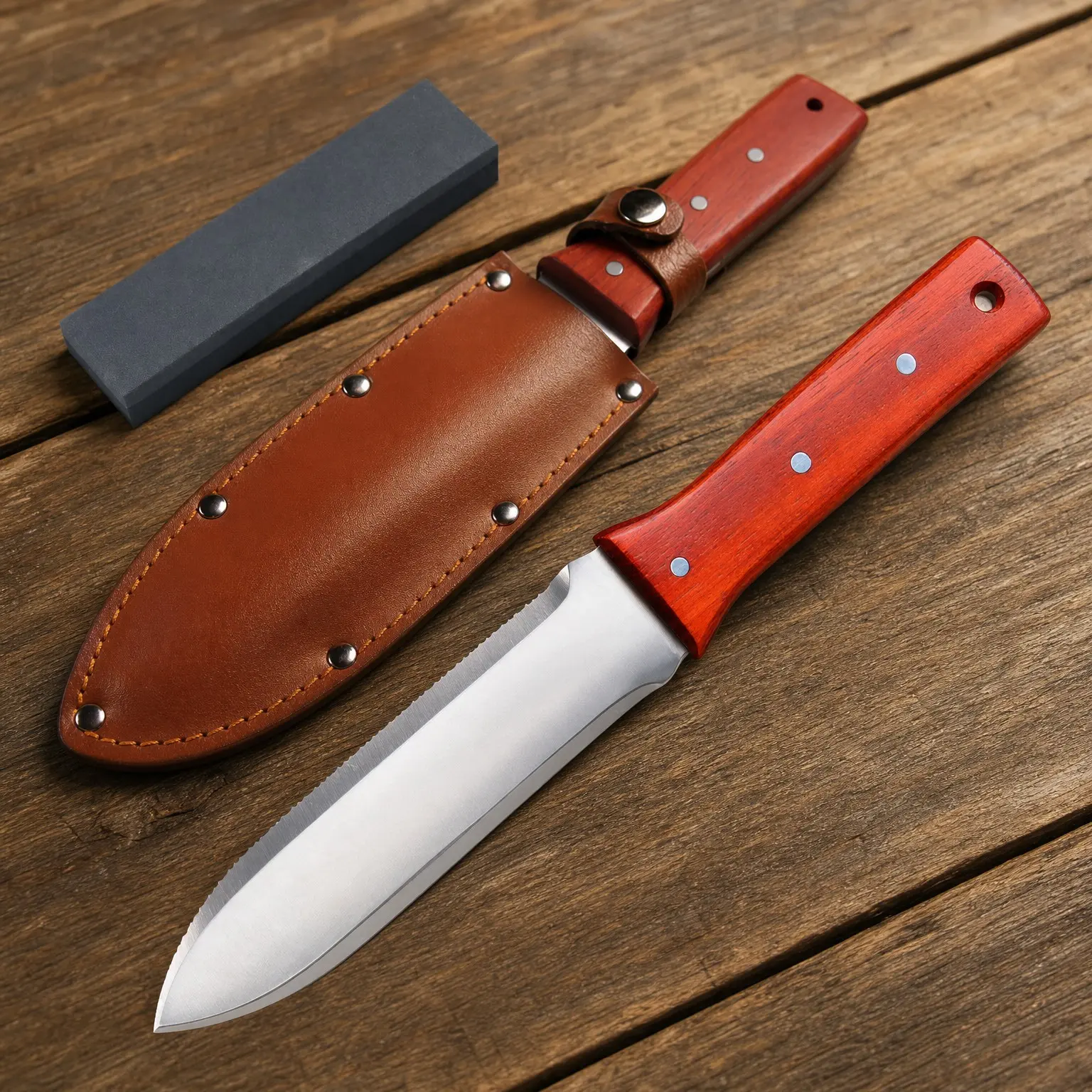 Hori Hori Garden Knife, 7-Inch Japanese Stainless Steel, Durable Gardening Tool for Weeding, Digging, Cutting and Planting with Leather Sheath and Sharpening StoneGift