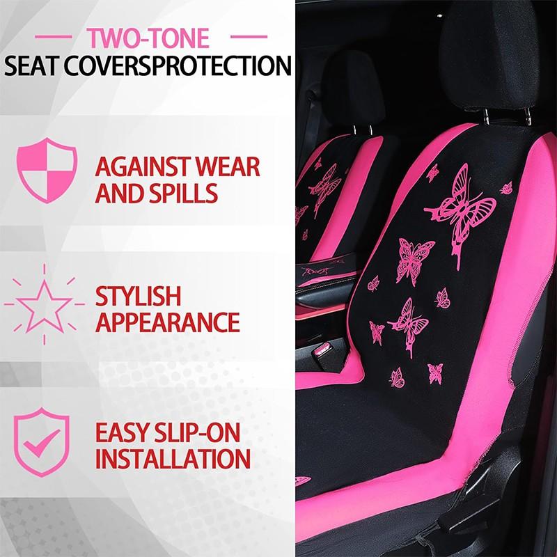 4 Butterfly-Themed Car Seat Cover & Interior Accessory Combo: Lightweight and Breathable Seat Covers for 5-Seater Vehicles, Butterfly-Print Steering Wheel Cover, and Additional Decorative Accents; Compatible with Most Sedan and SUV Models