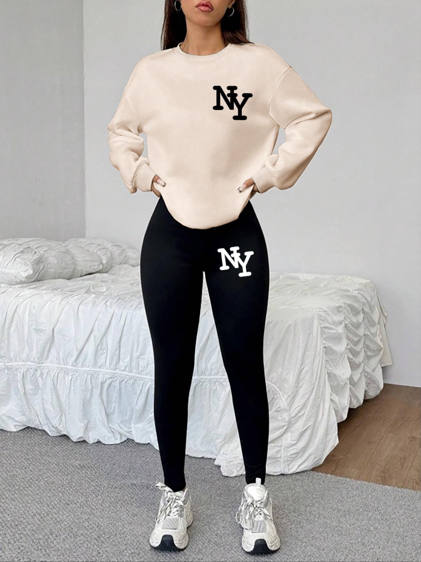 Women's 2-Piece Sweatshirt Set, Ny Letter Print, Round Neck Long Sleeve, Long Pants, Casual Fall Winter, Fitted Style Women's 2-Piece Sweatshirt Set, Ny Letter Print, Round Neck Long Sleeve, Long Pants, Casual Fall Winter, Fitted Style