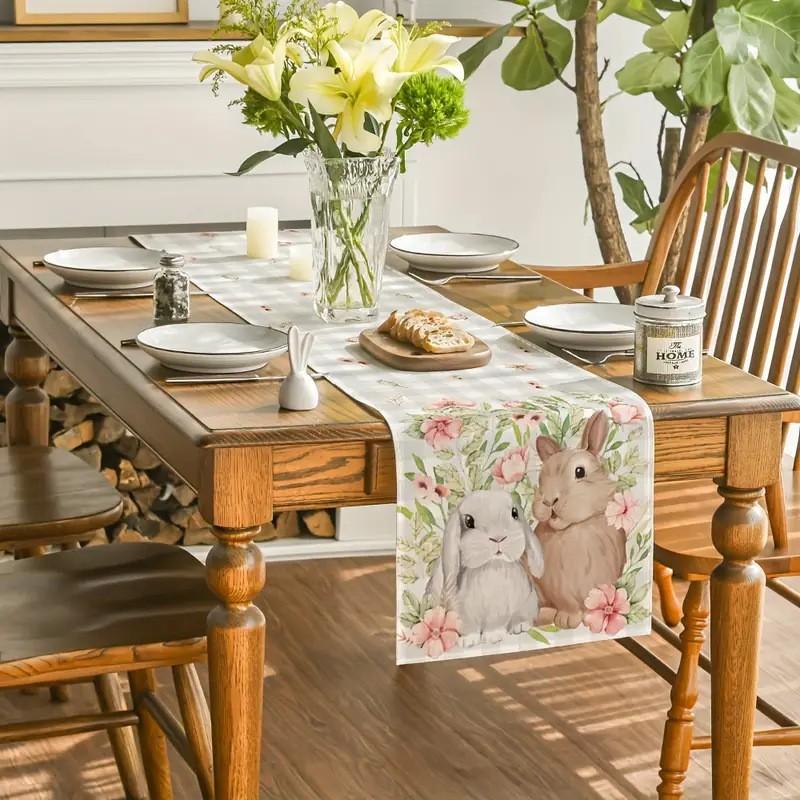 Easter Rabbit Table Runner with Floral Check Pattern, Spring Holiday Kitchen Dining Cover, Perfect for Easter Party Decoration