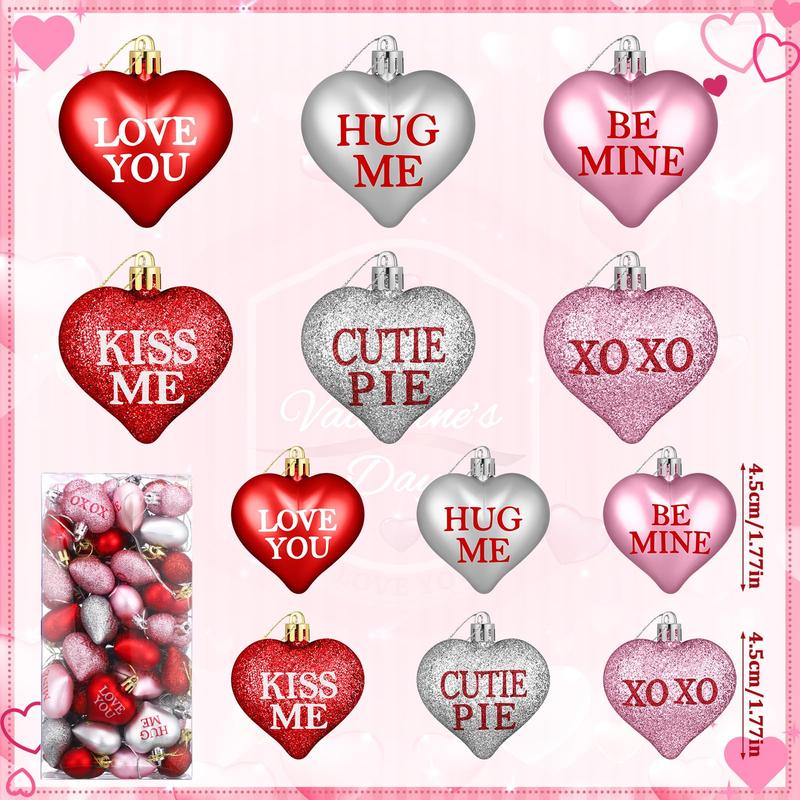 60 Pcs Valentine's Day Heart Shaped Hanging Ornaments with Love Letter for Valentines Tree Birch Tree, Red Pink Silver Glitter Heart Baubles Romantic Atmosphere Valentines Decor for Tabletop Bedside Bedrooms Room Mantle Birthday Wedding Party Home Decor