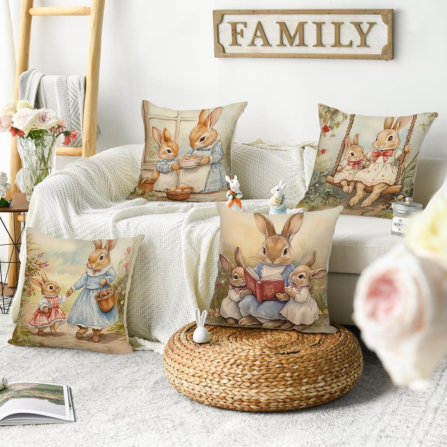 4pcs Easter Cute Rabbit Pillow Cover, Retro Style Cartoon Rabbit Easter Spring/Summer Season Decorative Cushion Cover, 18x18 inch Pillowcase, Farmhouse Holiday Decorative Pillow Cover, Suitable for Living Room, Sofa, Office, Outdoor (No Pillow Core)