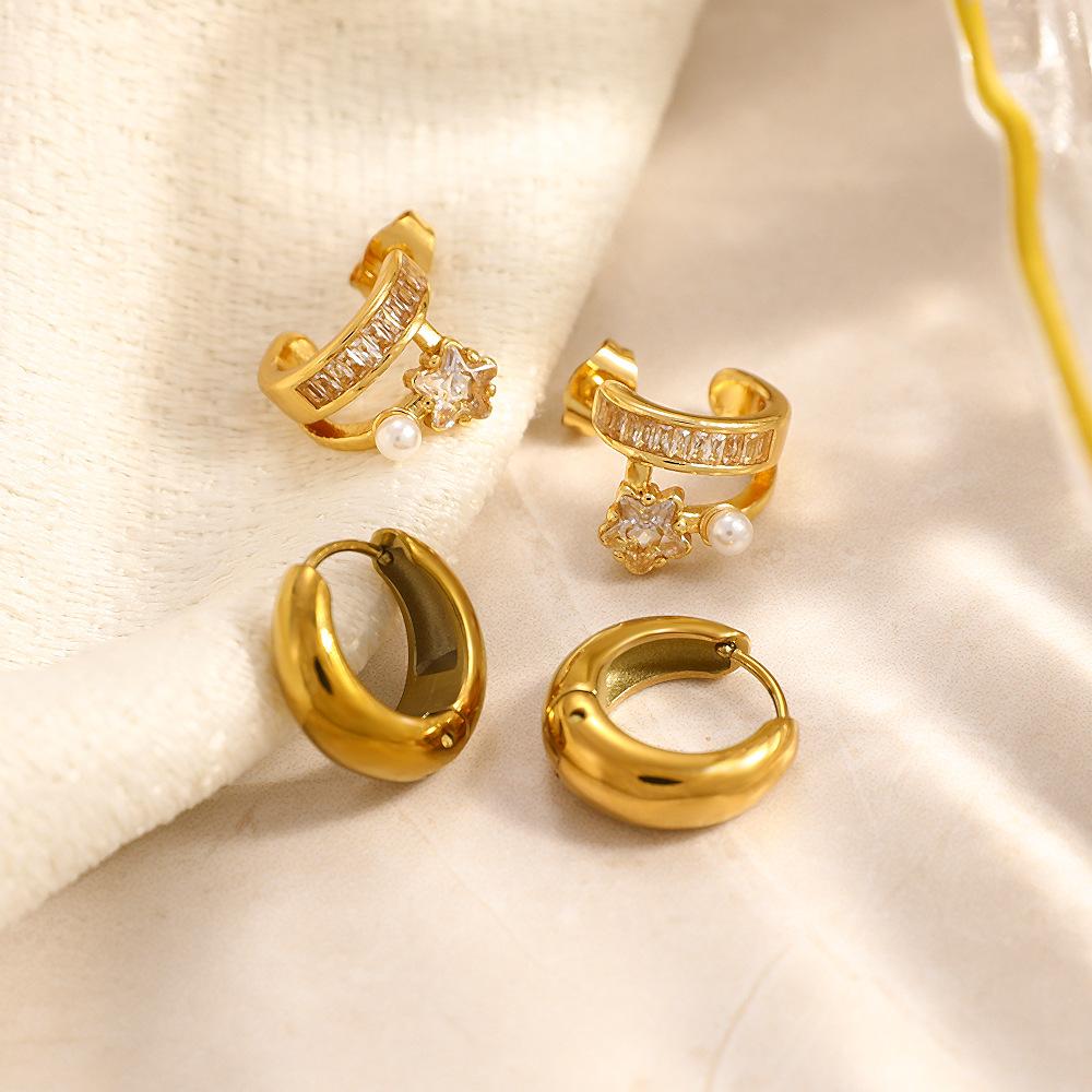 Stylish Titanium Steel C-Shaped Hoop Earrings, 18K Gold Plated, Inlaid Zircon, Trendy & Versatile Design, Tarnish & Water Resistant, Perfect Birthday & Holiday Gift for Her