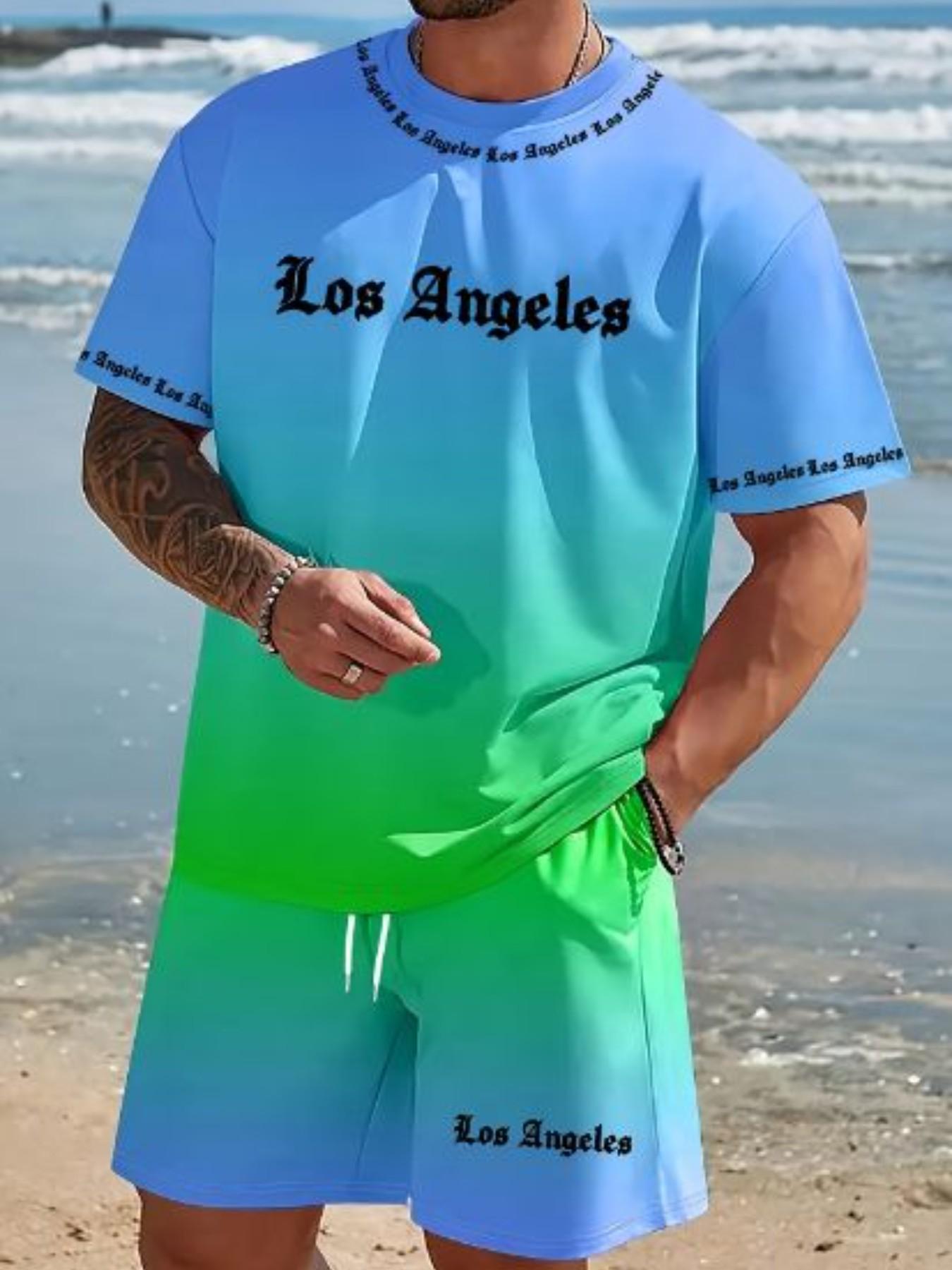 Men's Summer Set, Round Neck Short Sleeve T-Shirt + Elastic Waist Shorts, Los Angeles Print Gradient, Breathable Fabric, Outdoor & Party Wear