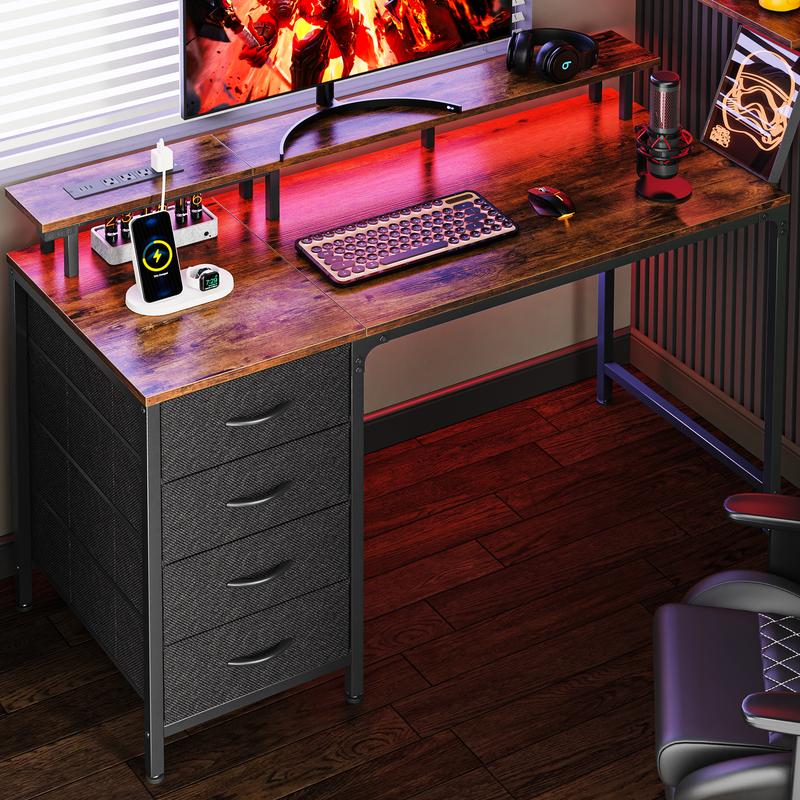 Huuger Computer Desk with Power Outlets and LED Lights, Gaming Desk with 4 Drawers, Office Desk with Monitor Stand, USB-C Port Huuger Computer Desk with Power Outlets and LED Lights, Gaming Desk with 4 Drawers, Office Desk with Monitor Stand, USB-C Port