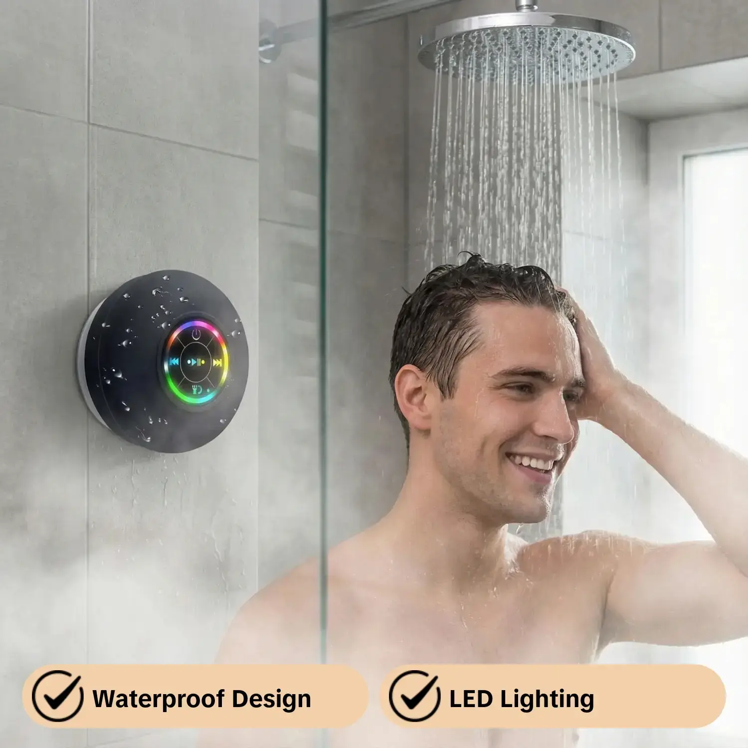 Mini Portable Waterproof Bluetooth Speaker Rechargeable - Multifunctional Wireless Speaker, Strong Suction Cup & Hands-Free Calling, Matte Skin-Feel, USB Charging, Bass & Colorful LED Lighting, Home & Outdoor Use, Portable Speakers